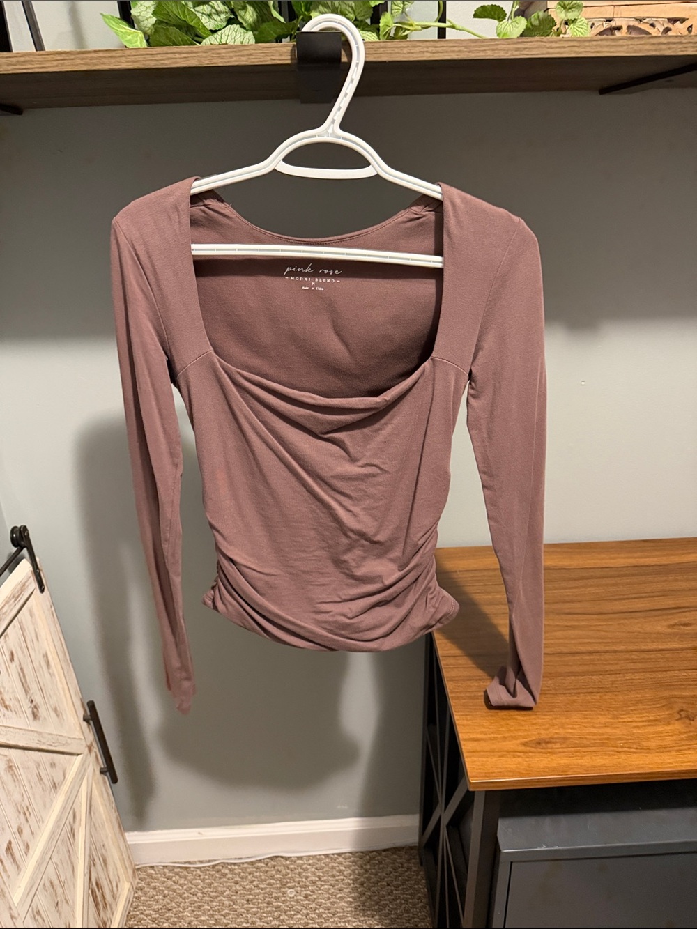 PINK ROSE Brown Mauve Modal Long-Sleeve Square Neck Top